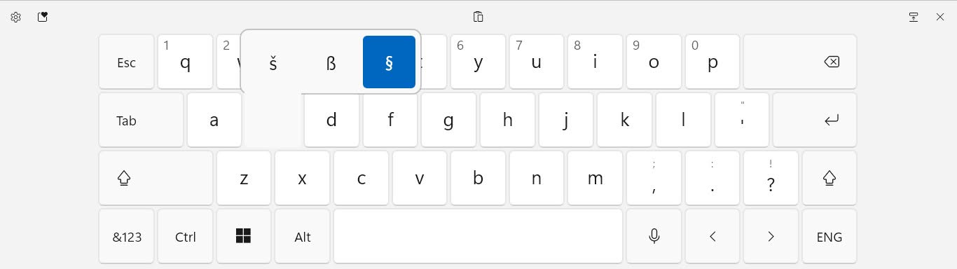 Typing the section symbol with the Windows touch keyboard