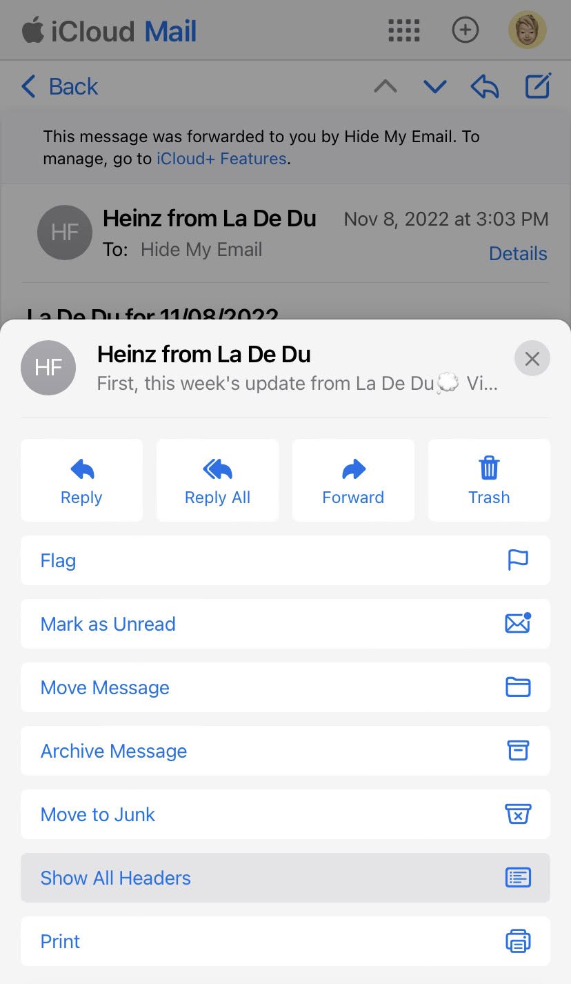 View full header lines in iCloud Mail on an iPhone