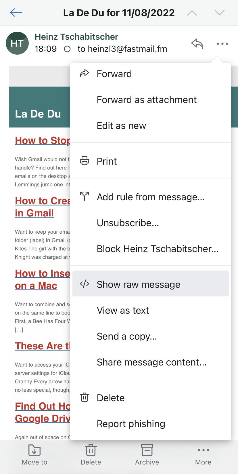 Viewing header lines in Fastmail for iOS