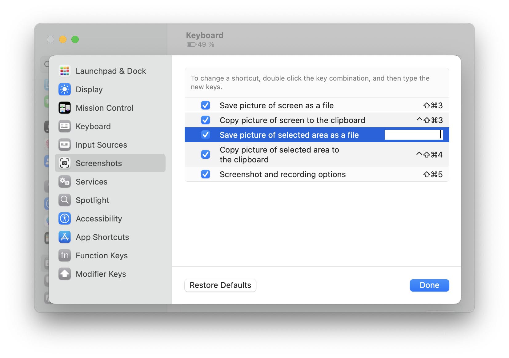 You can change the keyboard shortcuts used for taking screenshots on a Mac