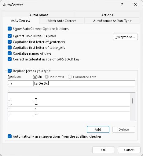 Add a text replacement to Word for Windows in options