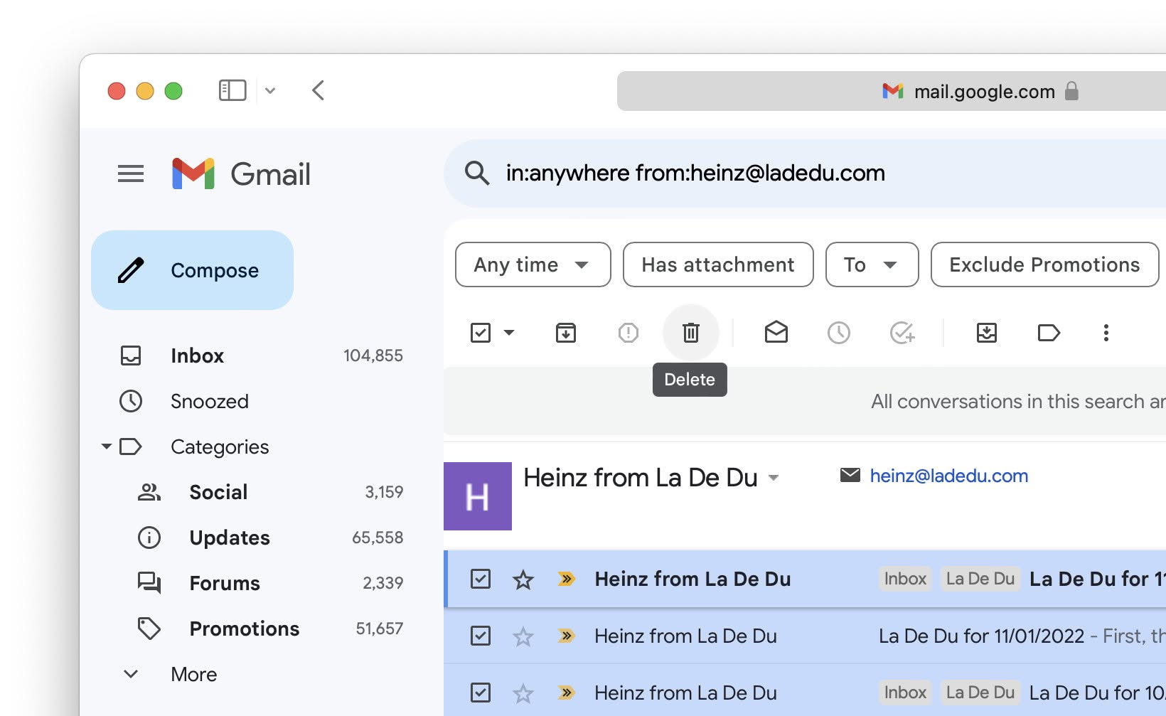 Delete all emails from a sender using search in Gmail