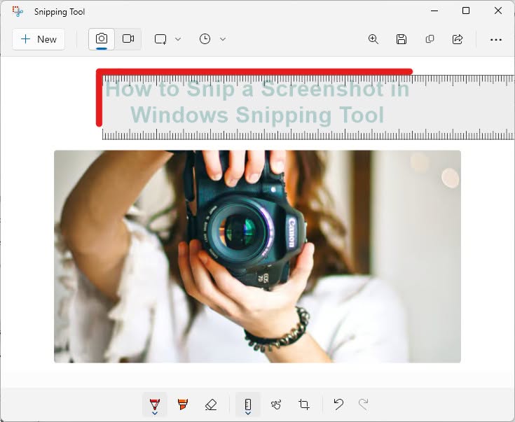 Draw along two edges of the ruler to start highlighting with a rectangular box in Windows Snipping Tool