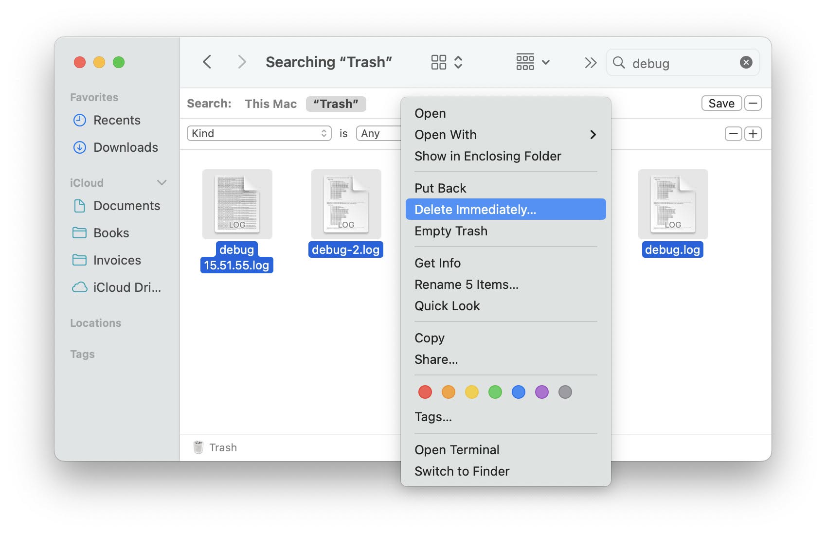 Immediately delete select files from the Mac Trash