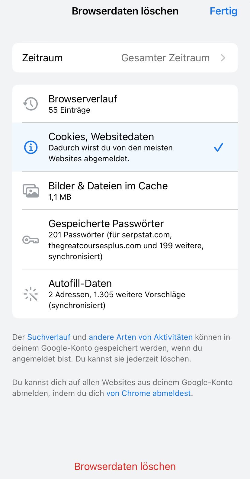 In Google Chrome für iOS Cookies löschen