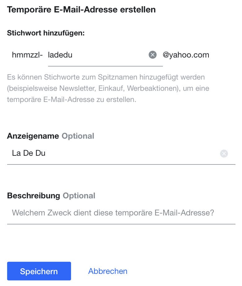 In Yahoo Mail lässt sich eine temporäre, leicht löschbare Emailadresse anlegen