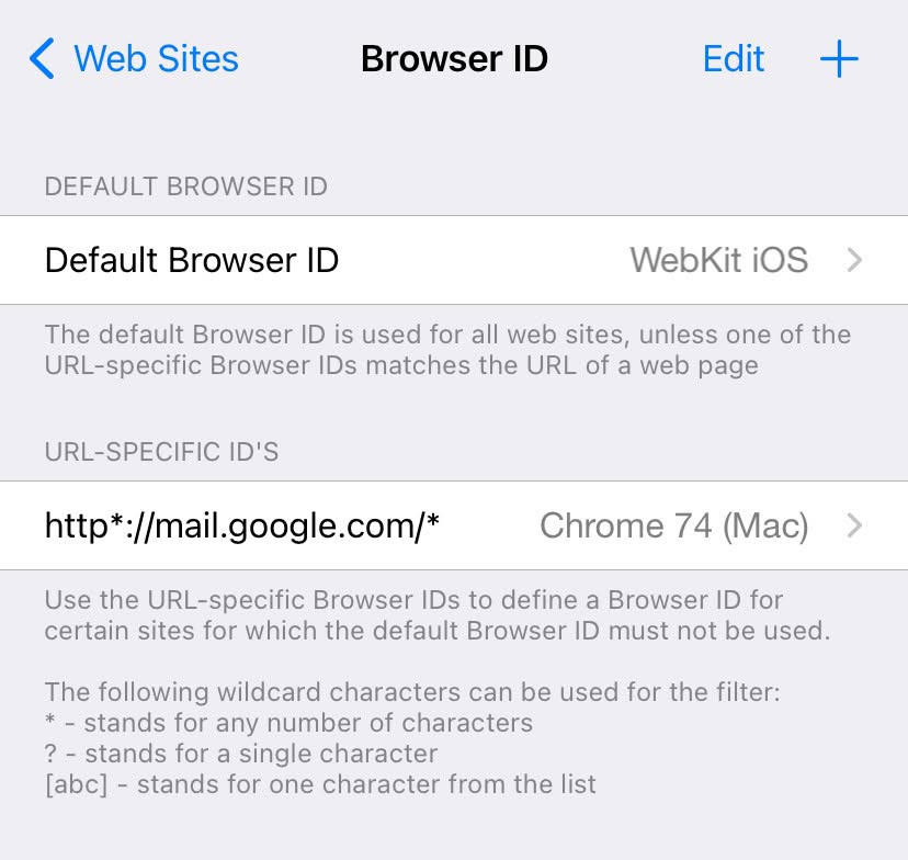 Set the browser ID for Gmail in iCab mobile