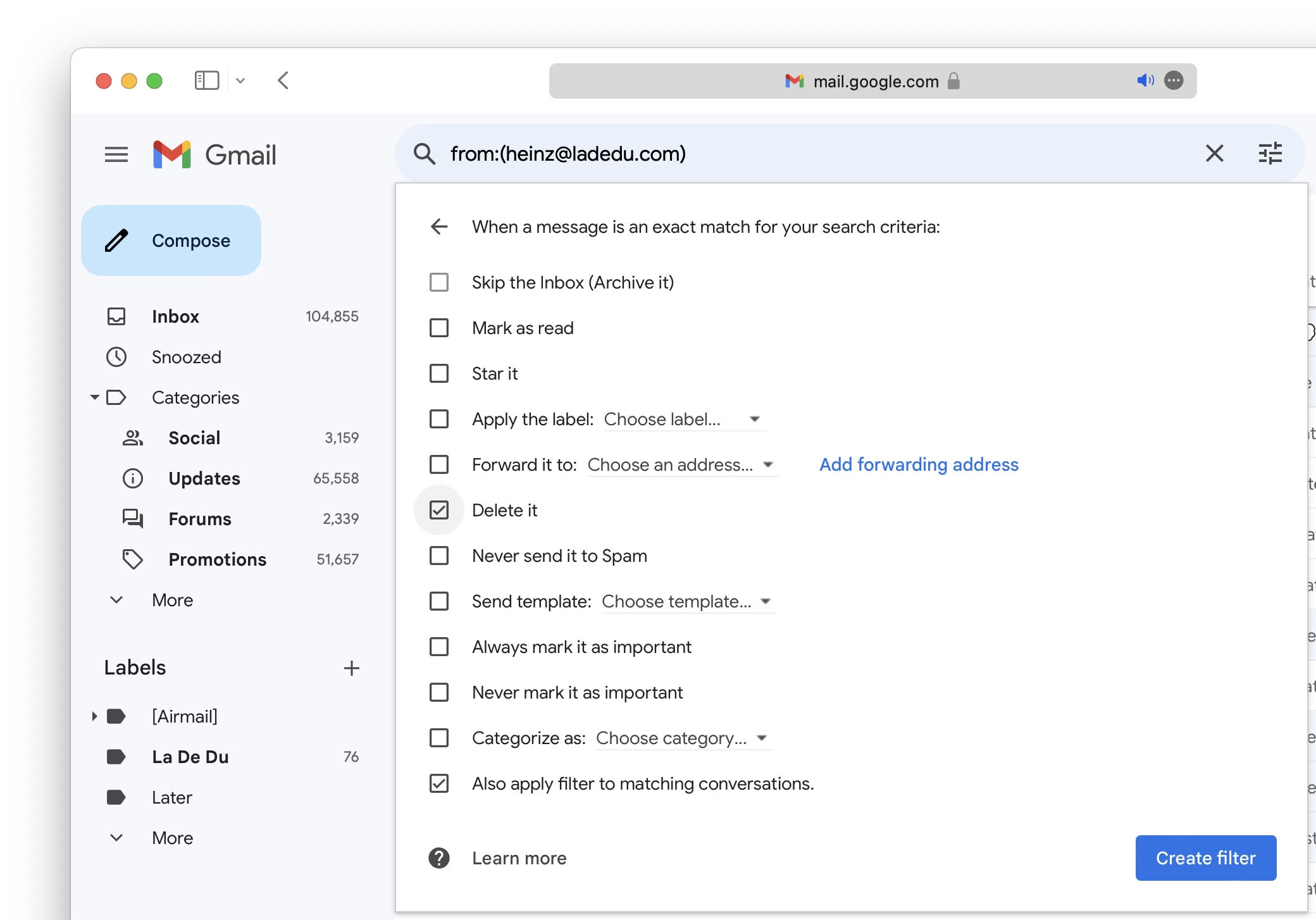 Set up Gmail to delete all incoming emails from a sender