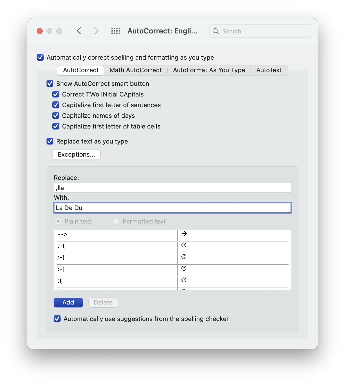 Set up text replacement for text expansion in Word for Mac