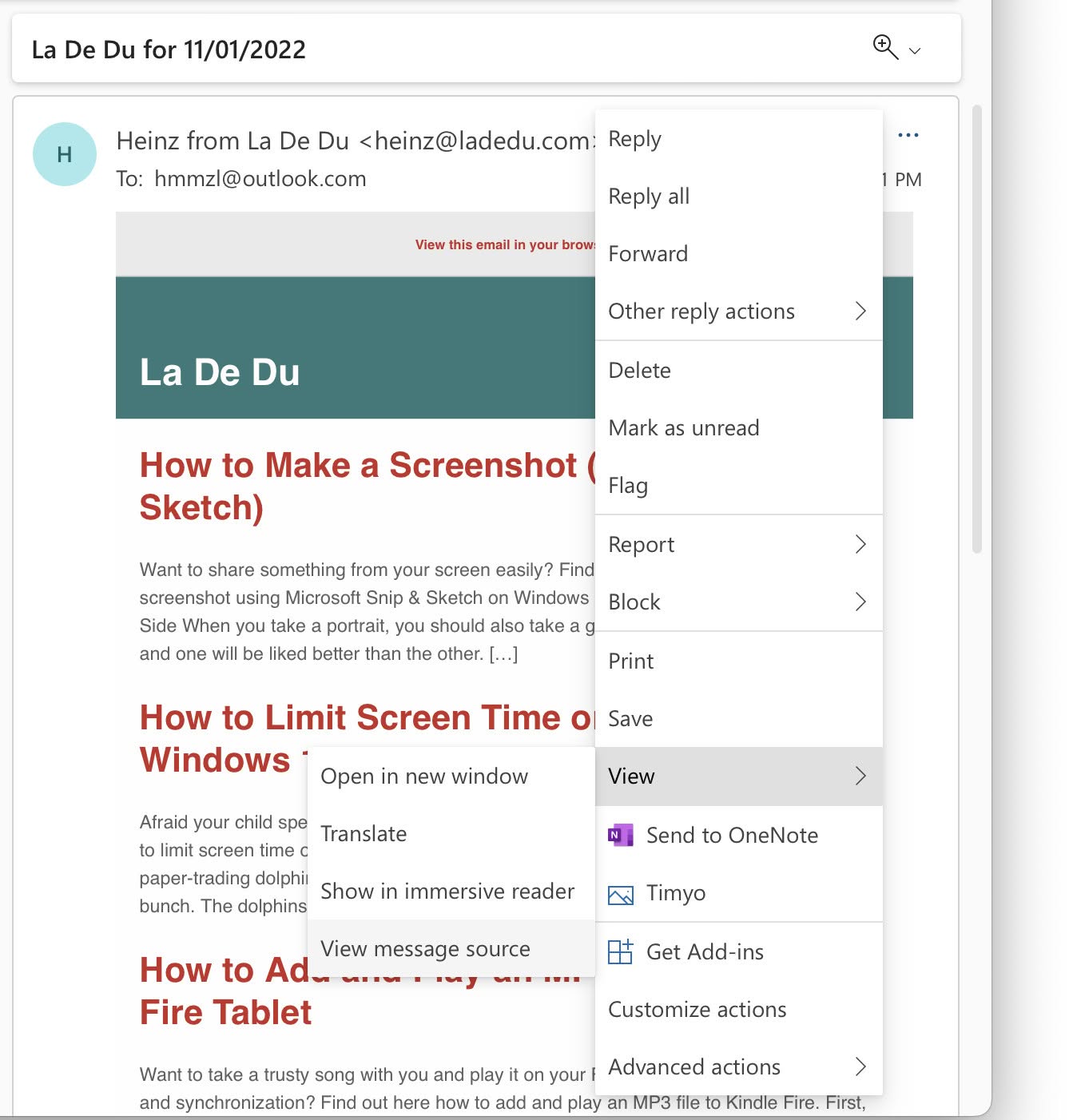 View the message source in Outlook.com to access full email header lines