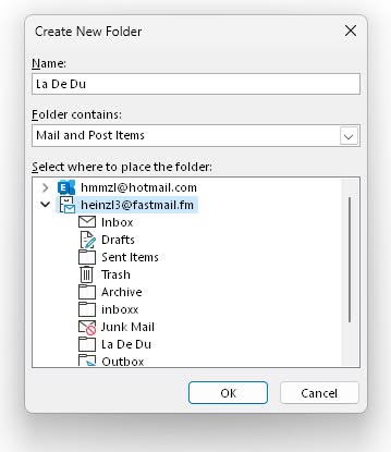 You can add new folders to Outlook using the “Cteate New Folder” dialog