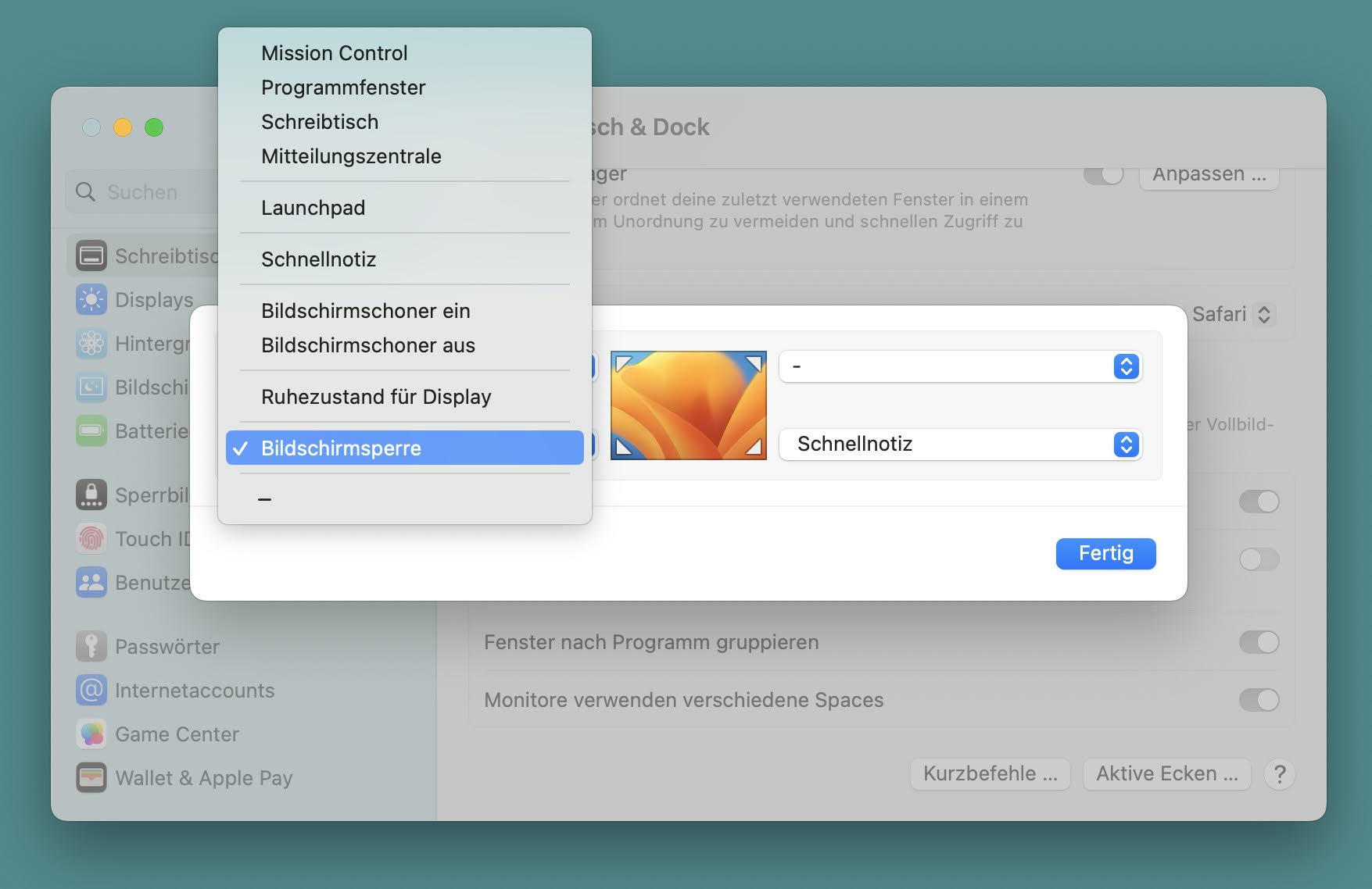 Eine Bildschirmecke zum Sperren eines Mac in den Systemeinstellungen einrichten