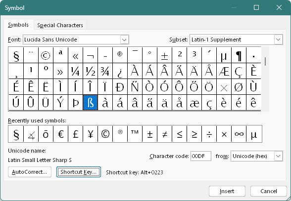 Inserting the German double s using the Word for Windows Symbol dialog