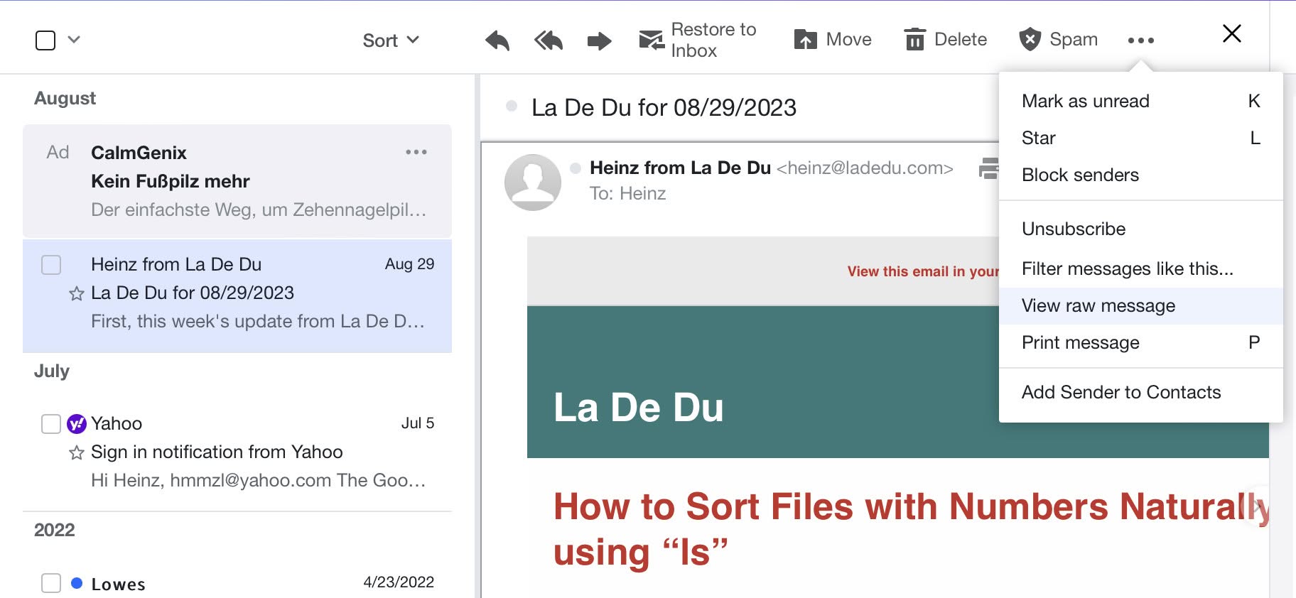 Select “View raw message“ in Yahoo Mail to access the full headers and email source