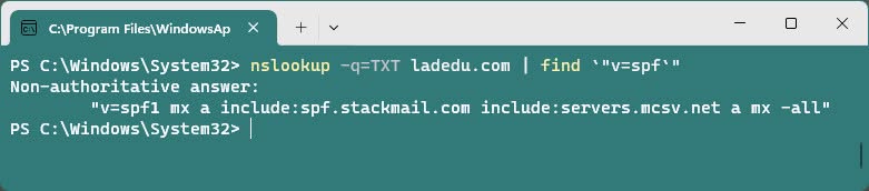 Check SPF records for a domain on Winduws using nslookup