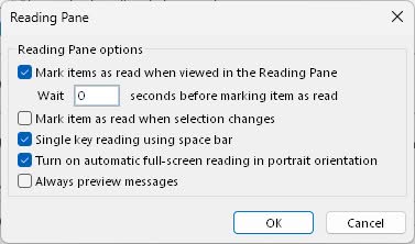 Configuring “mark as read” settings for the reading pane in Outlook for Windows