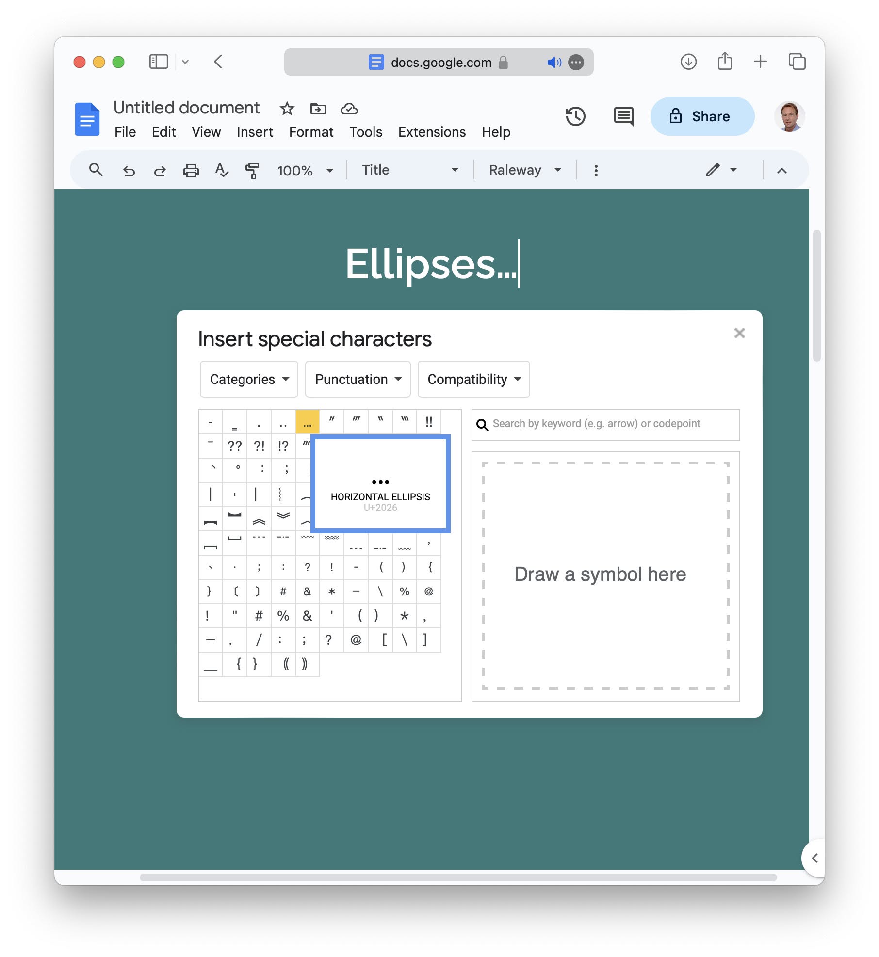 Inserting an ellipsis using the “Insert special characters” dialog in Google Docs