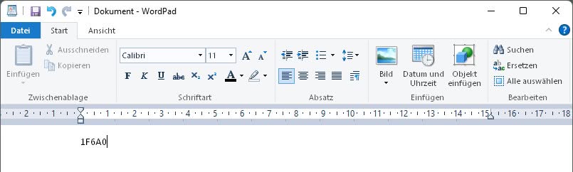 Schreiben Sie den UTF-32 Code für ein Unicode-Zeichen in WordPad, um das Zeichen zu generieren