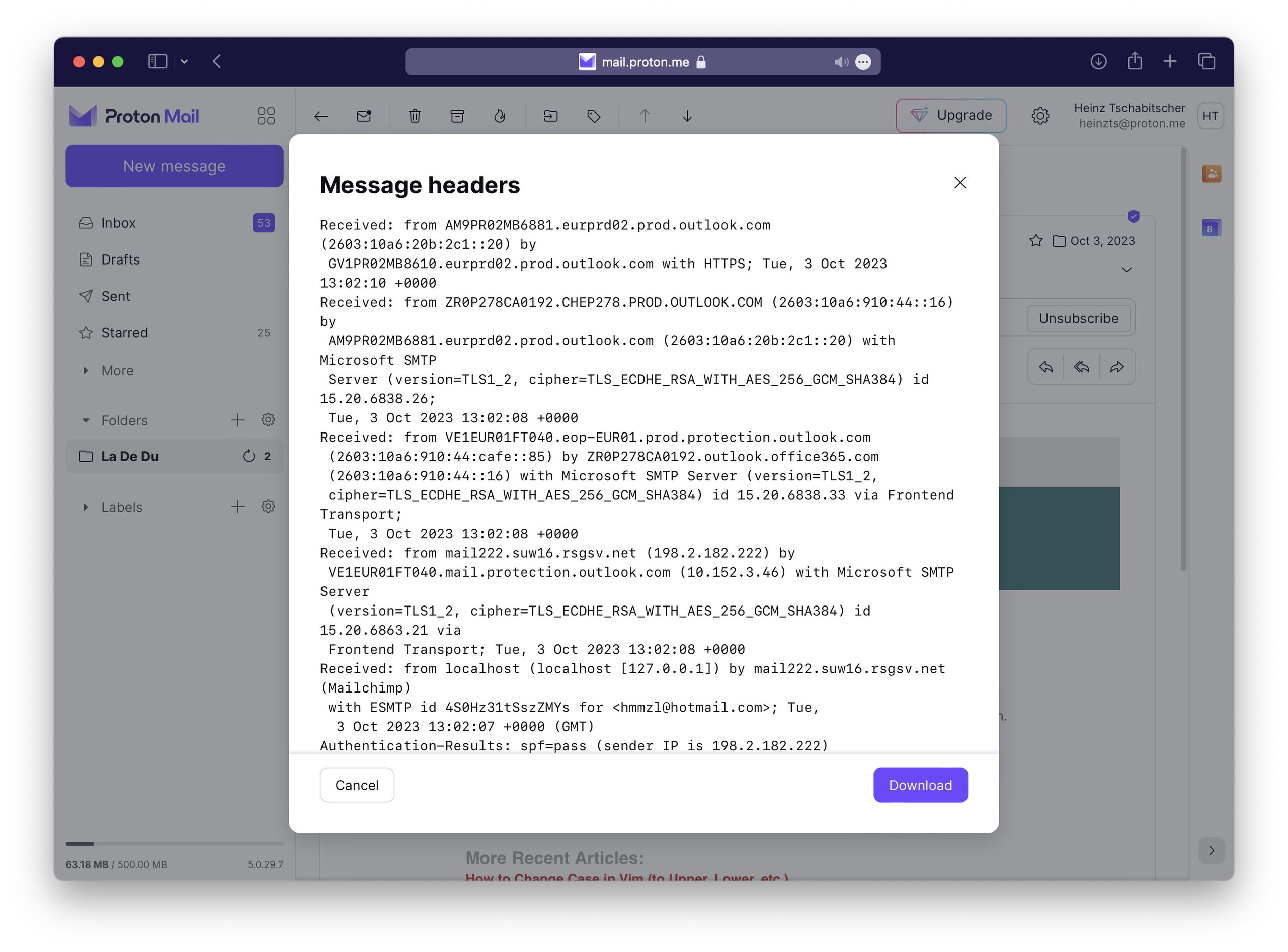 Seeing all message header lines for an email in Proton Mail
