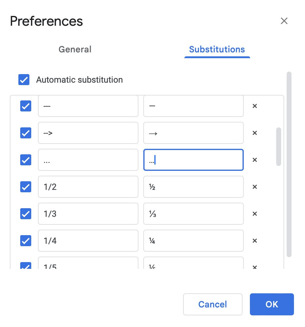 Text replacement makes it easy to insert an ellipsis in Google Docs