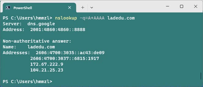 Using nslookup to get the IP address for a domain on Windows 11