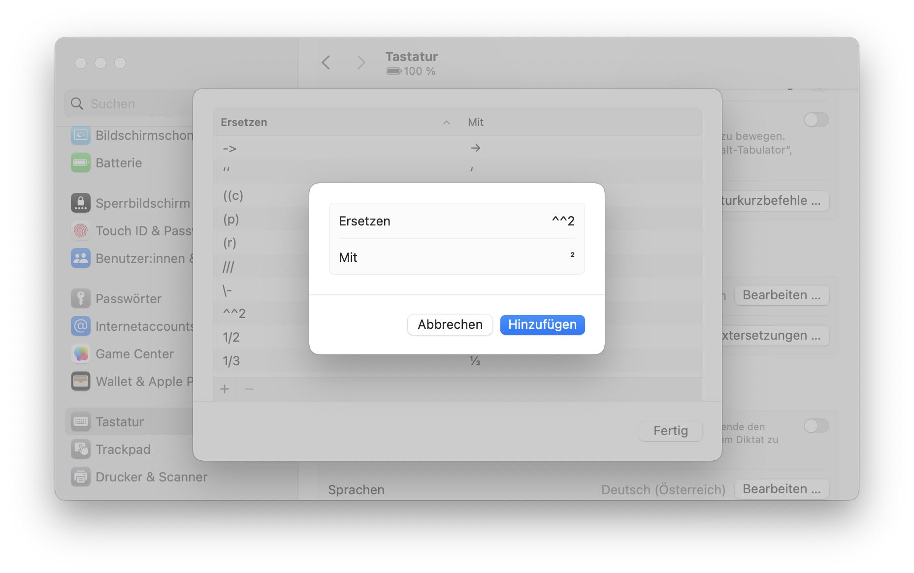 Am Mac eine Textersetzung zum Einfachen Eingeben von „zum Quadrat“ einrichten