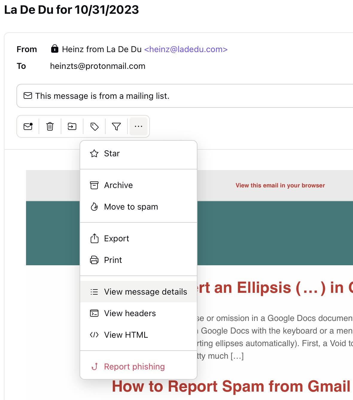 Get to see the size of an email in Proton Mail