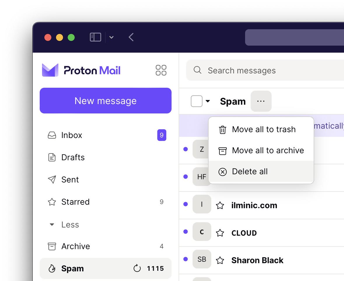 Here’s where you can empty the “Spam” folder in Proton Mail