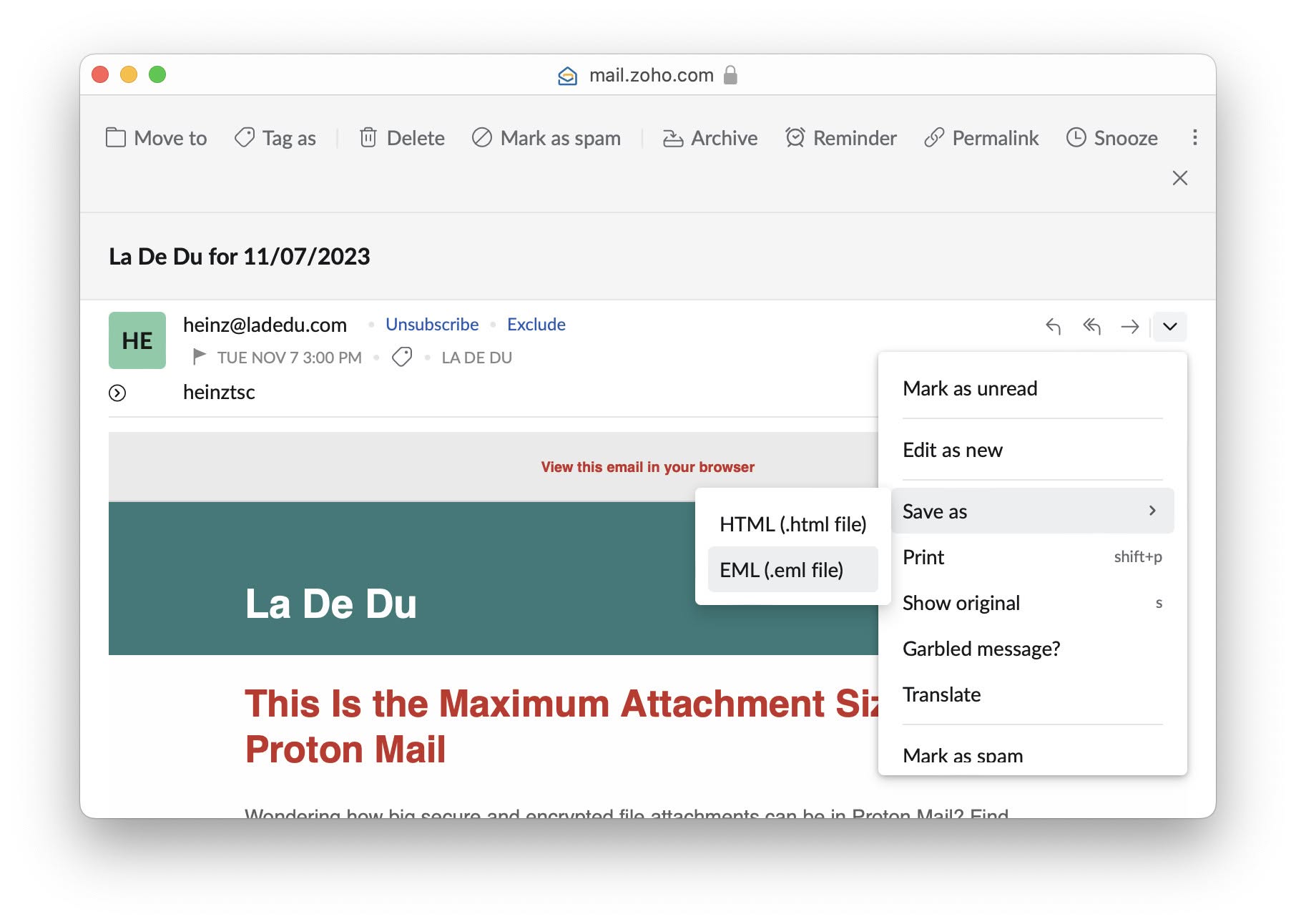 You can save any email as EML from Zoho Mail using a desktop browser