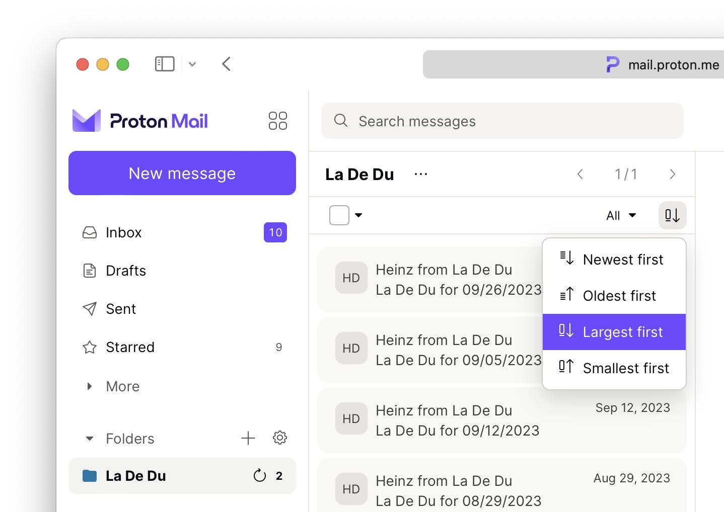 You can sort a folder by size in Proton Mail
