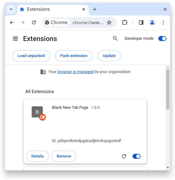Install your home-made blank new tab page extension in Google Chrome