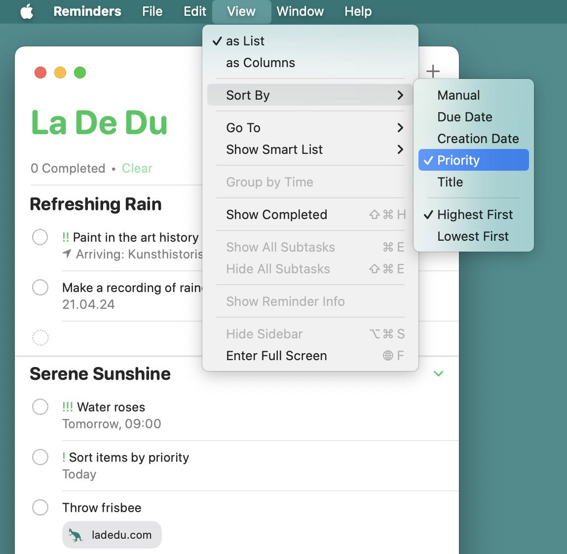 Sort items in Apple Reminders for Mac using the menu