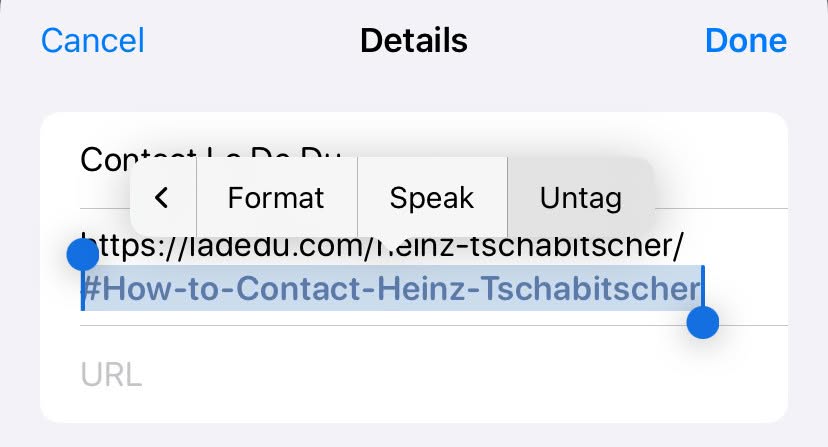 Untagging via the context menu is not advisable für URLs in iPhone Reminders