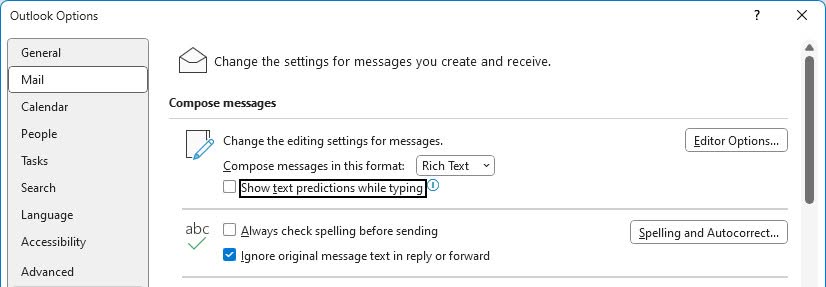 Disable predictive text completion in Outlook for Windows