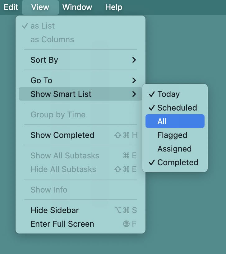 Select “View | Show Smart List | All” to view all tasks in Apple Reminders