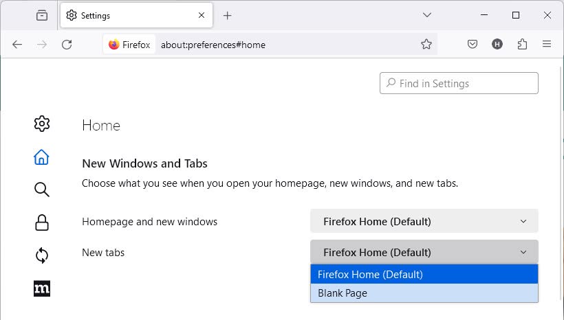 Set up Firefox to open new tabs with a blank page