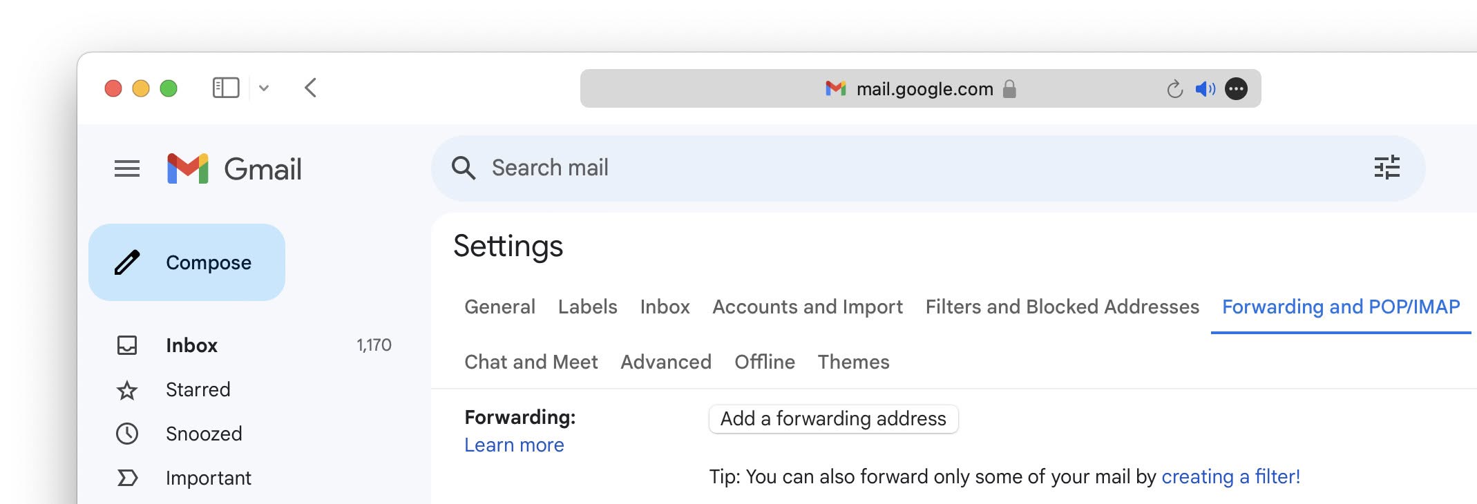 Start adding an email address for automatic forwarding in Gmail
