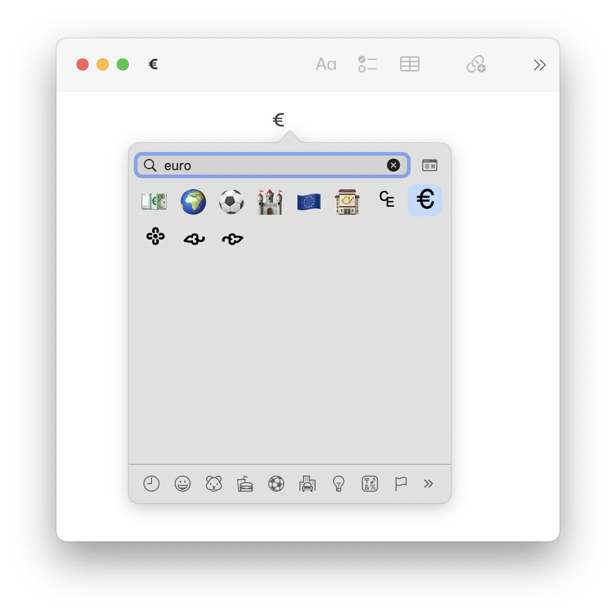 You can find the Euro sign in the macOS emoji panel