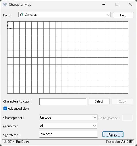 Find and copy em dash using Character Map on Windows