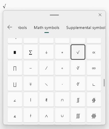 Input the sign for square root using the Windows emoji panel