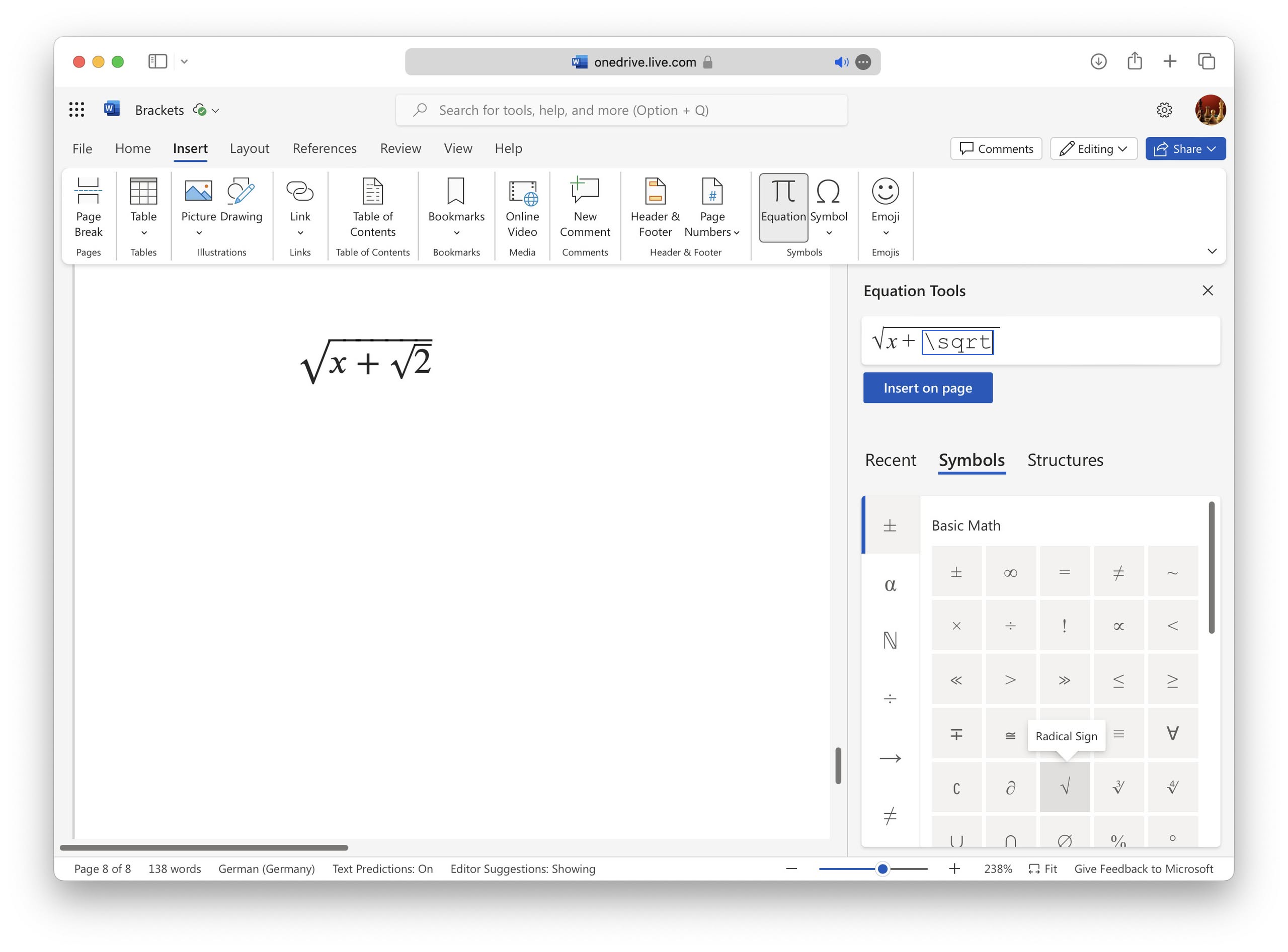 Inserting a square root in Word online