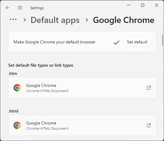 Make Chrome the default browser in Windows 11 Settings