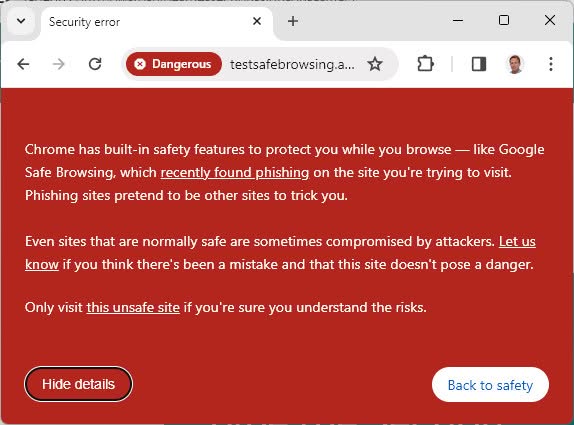 Override the safe browsing warning for a page in Google Chrome
