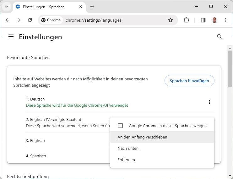 Sortieren Sie die Sprachen in Google Chrome nach Präferenz