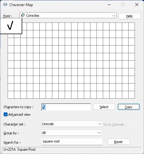 The square root symbol in Windows Character map