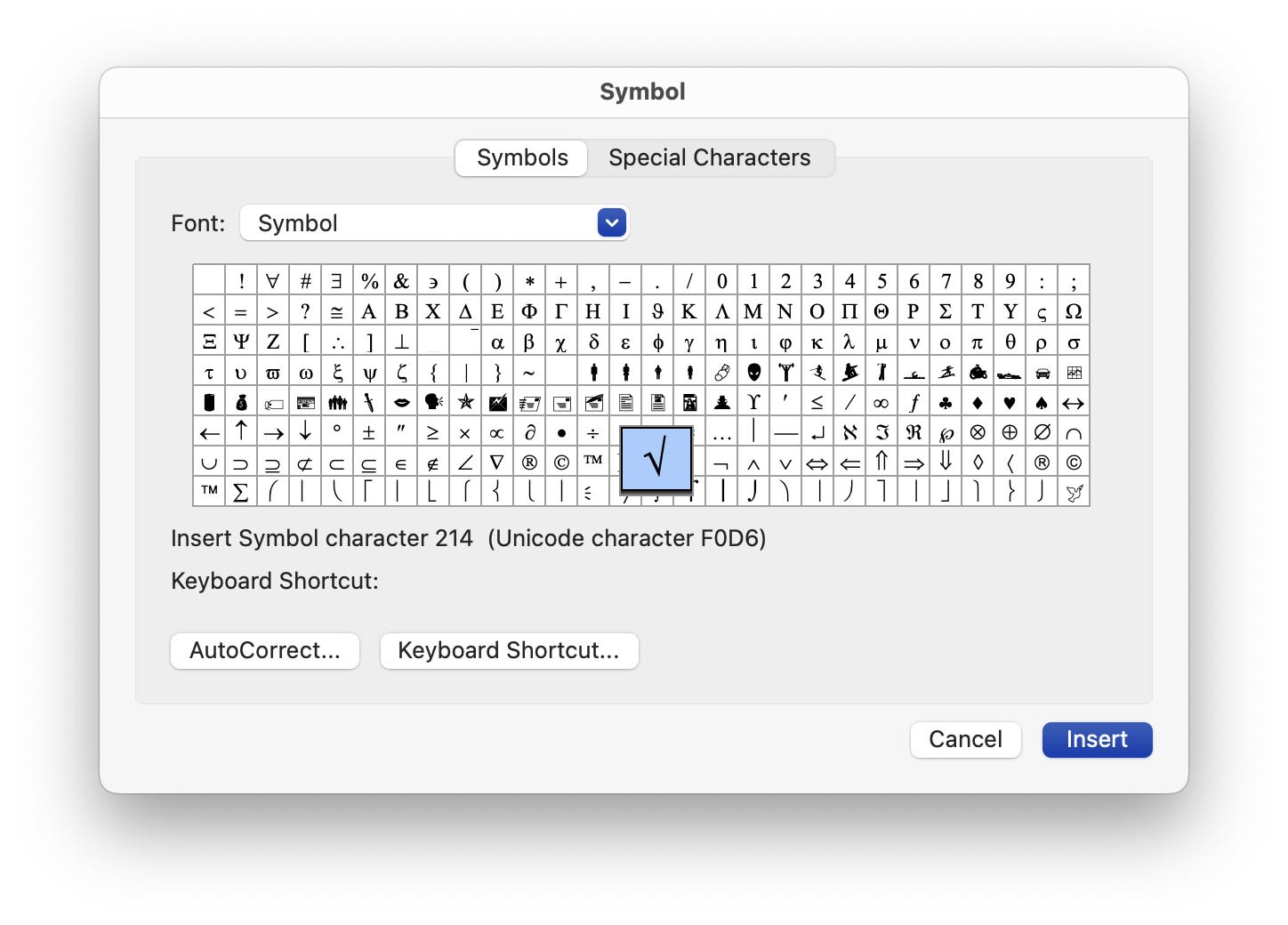 You can insert the square root symbol using the Word “Symbol” dialog