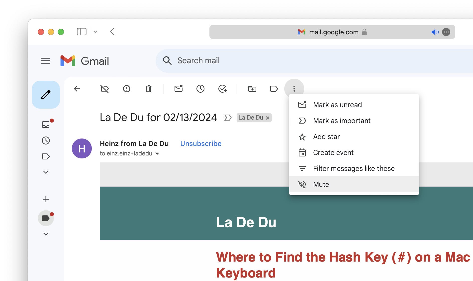 You can mute an email thread using the menu in Gmail