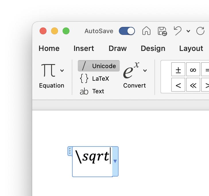 Start with \sqrt to insert the square root or radix symbol in a formula with Word