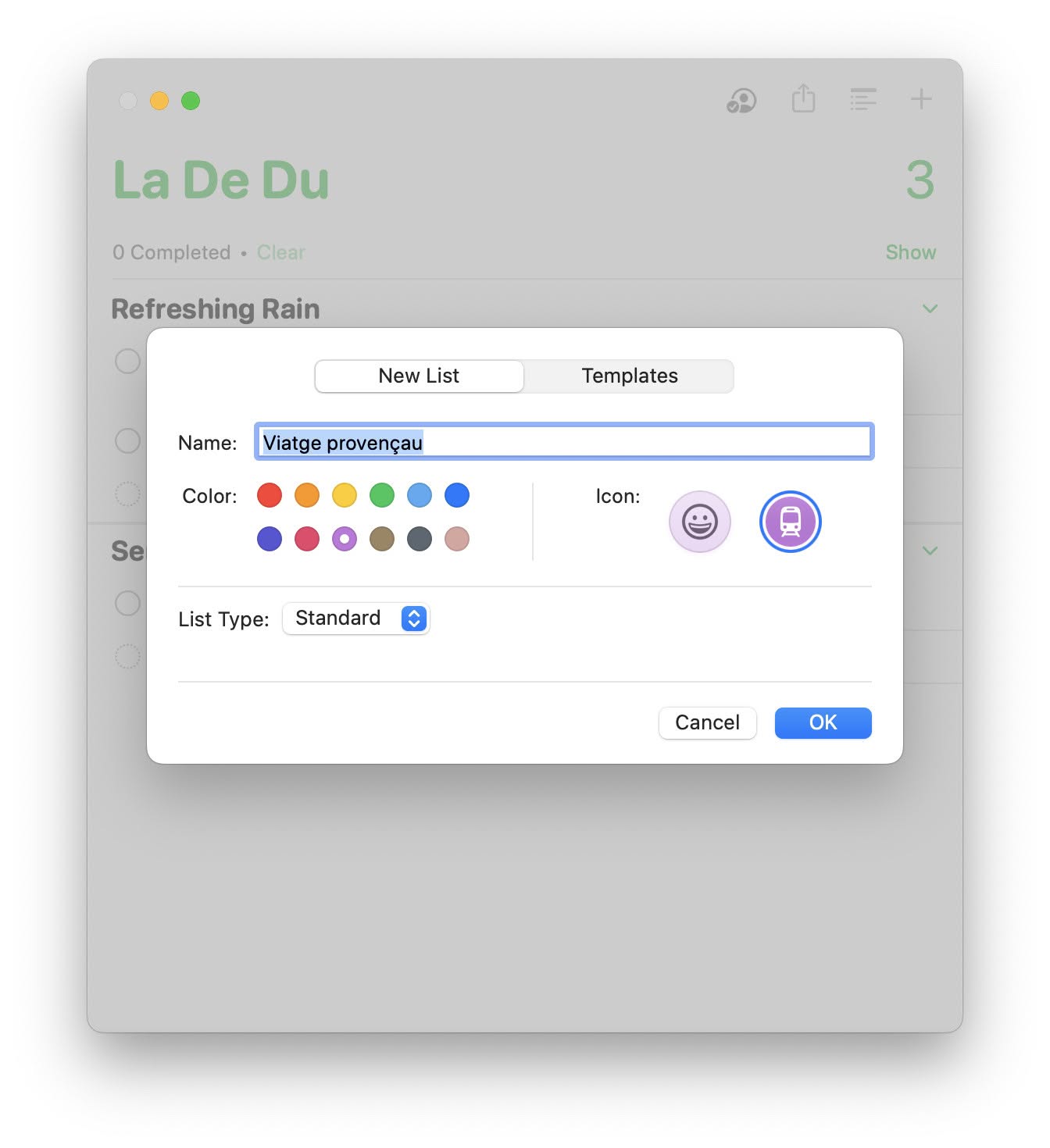 Adding a new to-do list in the Apple Reminders app on a Mac