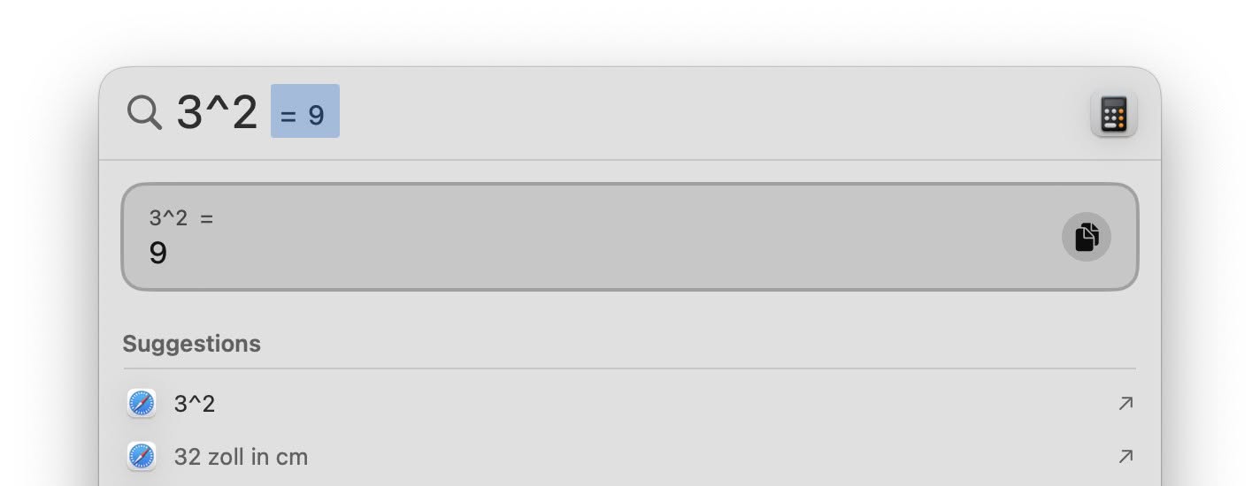 Calculating the square for a number quickly using Spotlight on a Mac